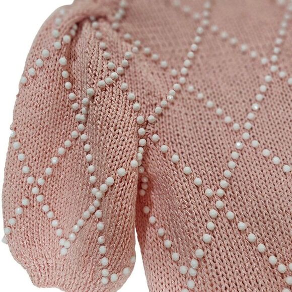 Vintage 80s Lillie Rubin Sweater Womens Size Small Pink White Beads Faux Pearls - Picture 5 of 8